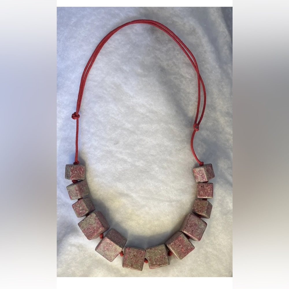 Pink recycled paper square bead necklace. Adjustable slip knots